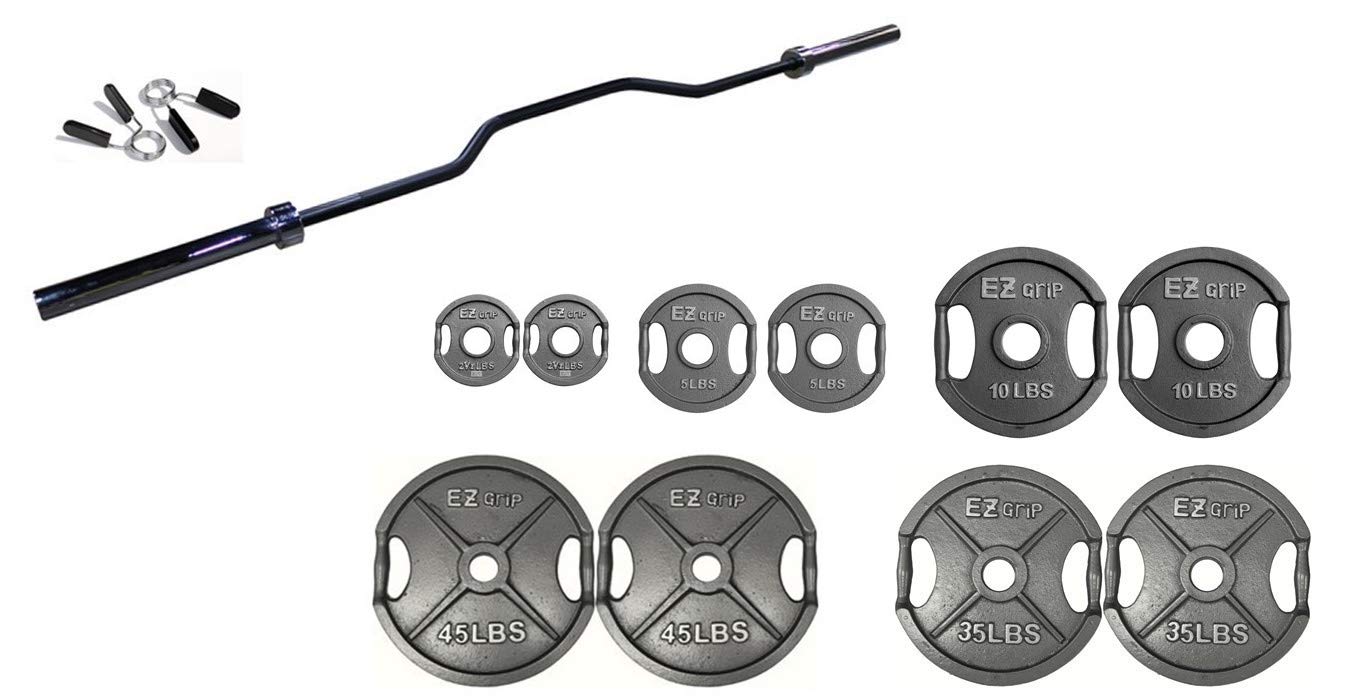 Ader Gray Finish EZ Grip Weight Plates Set with 2" Cambered Bench Press Bar 86''