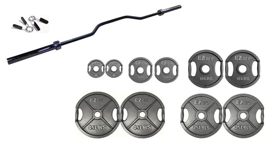 Ader Gray Finish EZ Grip Weight Plates Set with 2" Cambered Bench Press Bar 86''