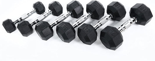 Ader 5lb, 10,15, 20lb Black Octagon Rubber Dumbbells  4 Pairs